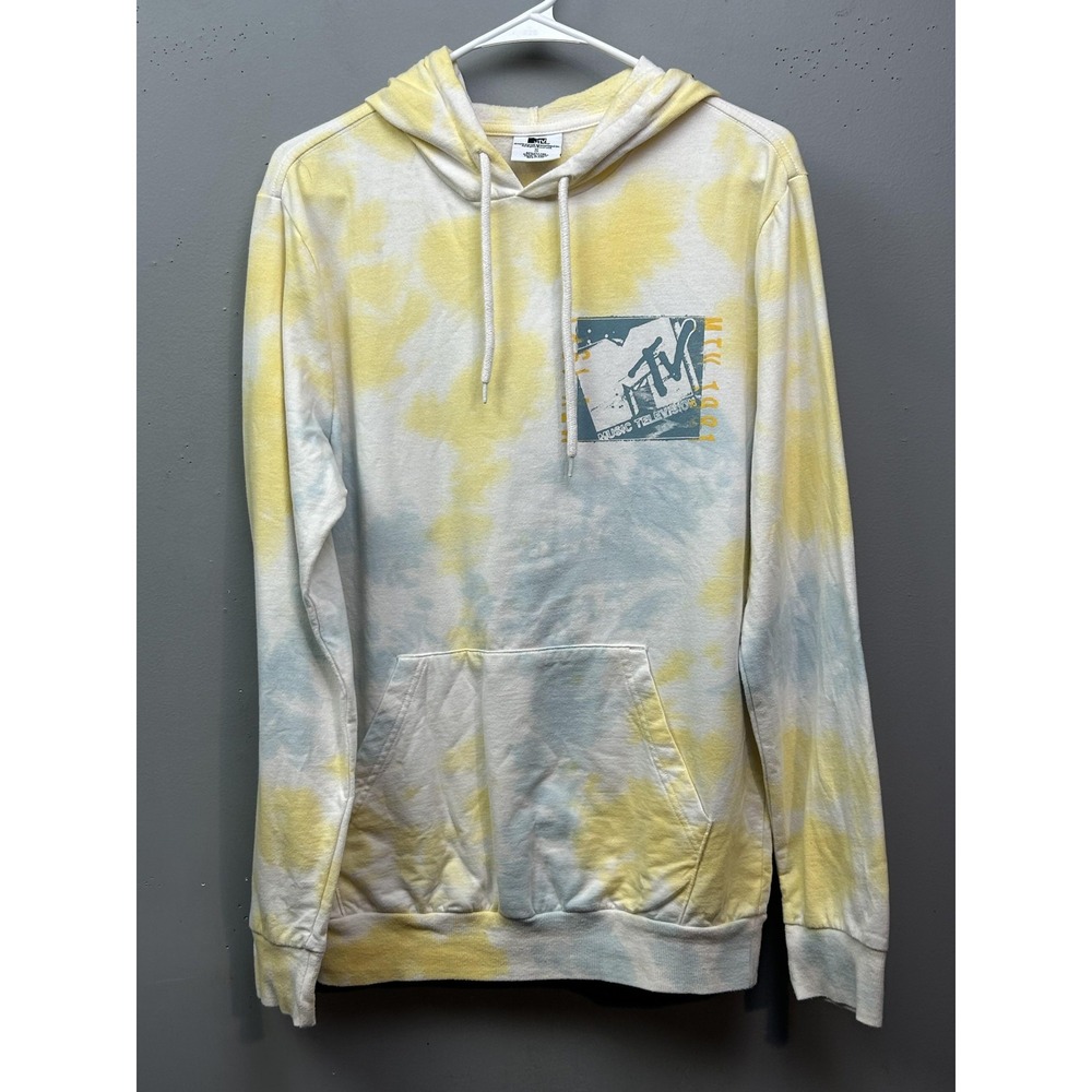 MTV Hoodie Mens Small Yellow Blue Tie Dye Music Television Graphic Pullover - Picture 2 of 8